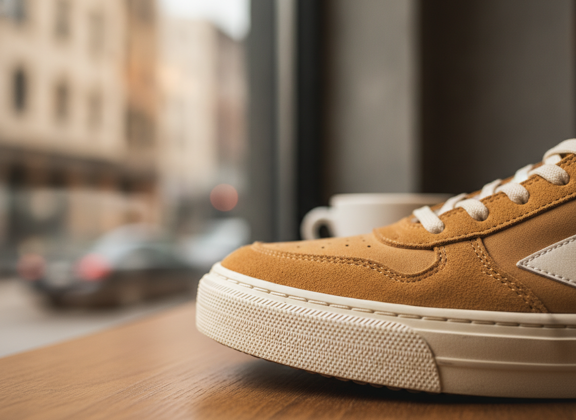 Détail de l'empeigne en cuir et semelle gomme d'une sneaker lifestyle vintage Adidas Gazelle