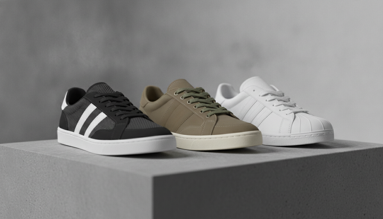Trois paires de sneakers lifestyle basses posées côte à côte sur béton, éclairage studio minimaliste