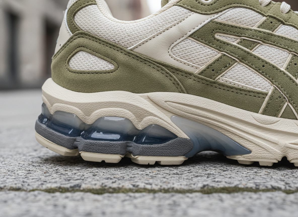 Détail semelle et insert GEL d'une Asics Gel-1130, vue macro sur matériaux mesh et suède