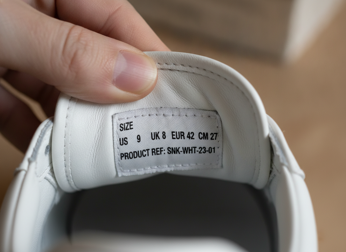 Gros plan sur l'étiquette intérieure cousue d'une sneaker blanche en cuir, SKU lisible