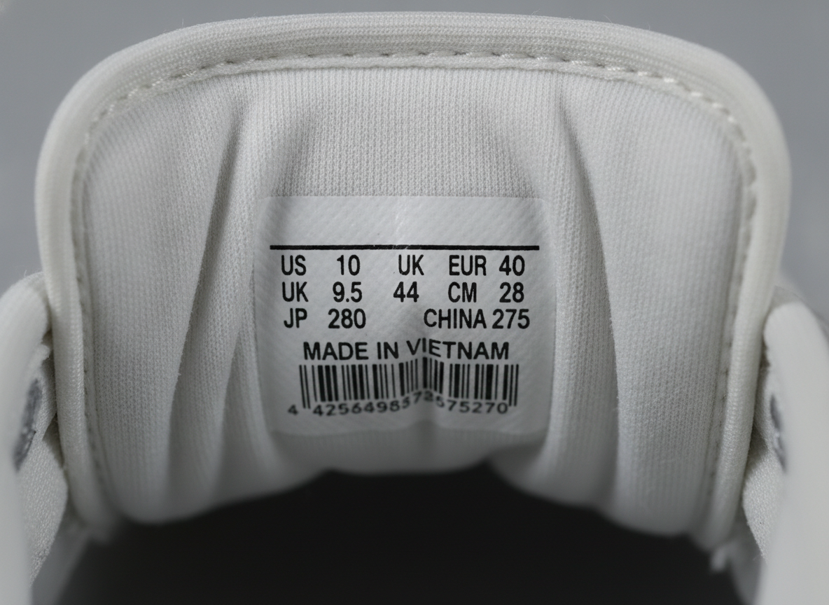 Étiquette intérieure size tag d'une sneaker lifestyle avec code style et taille, vérification authenticité
