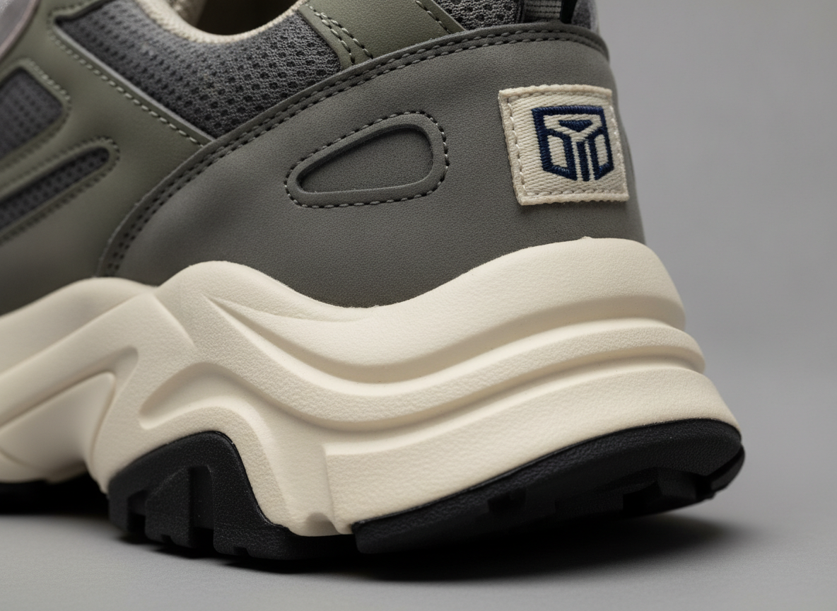 Gros plan sur le patch talon d'une sneaker chunky pour vérifier l'authenticité du logo brodé
