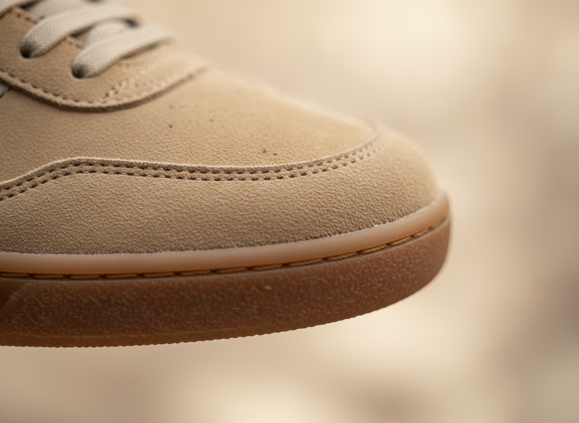Détail de l'embout en daim et la semelle gomme fine d'une sneaker motorsport lifestyle