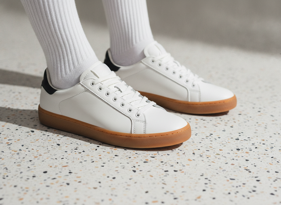 Gros plan sur deux paires de sneakers basses en cuir blanc avec semelle gomme, posées sur sol terrazzo