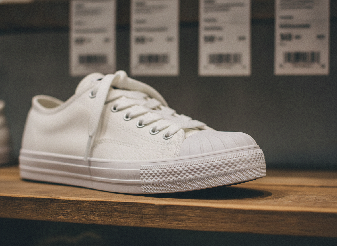 Détail d'une sneaker basse blanche à bout en coquille sur une étagère de boutique, étiquette prix floutée