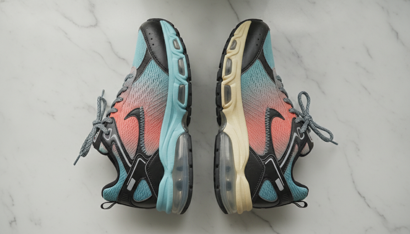 Comparaison entre une vraie et une fausse Air Max 95, détails mesh et poche Air côte à côte