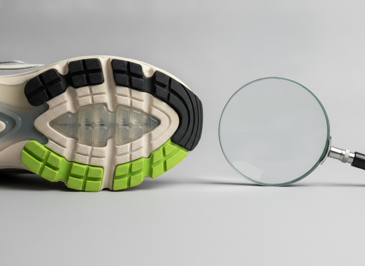Gros plan sur la poche Air avant d'une sneaker running épaisse pour vérifier son authenticité
