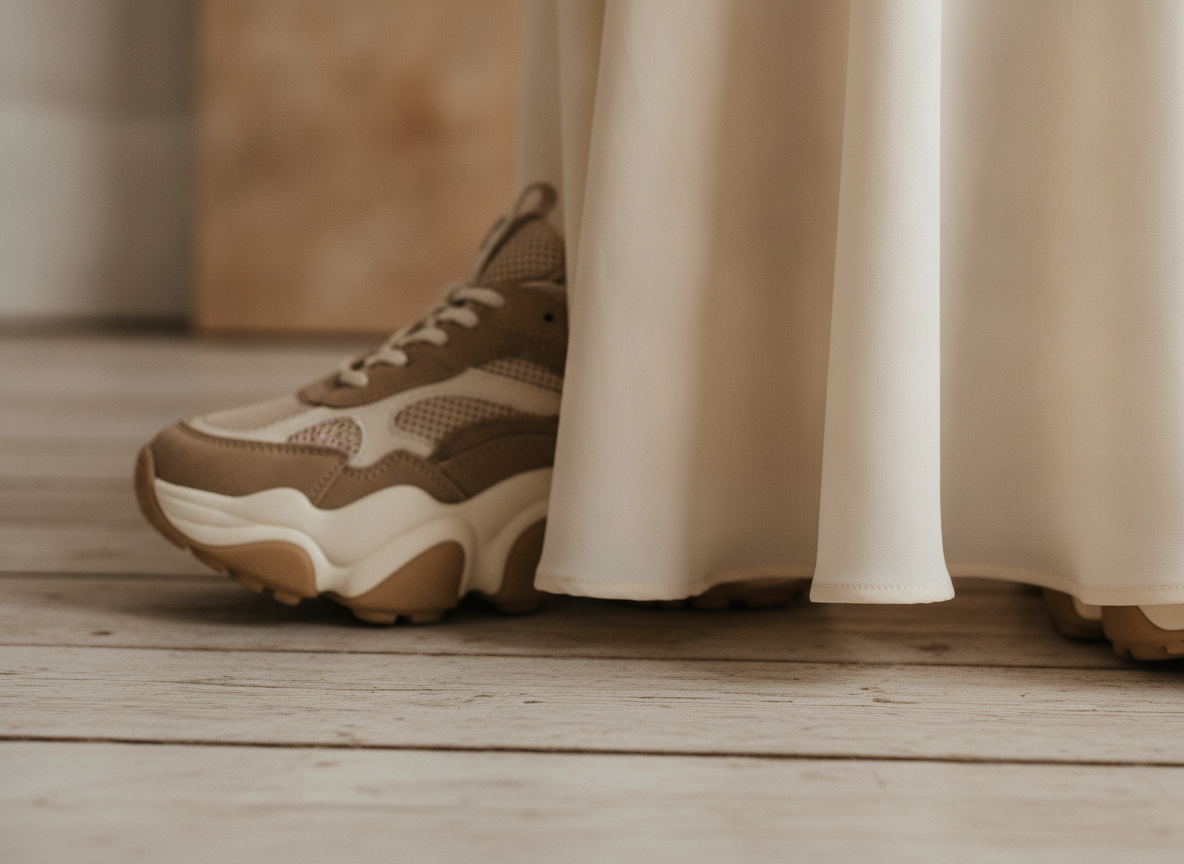 Détail semelle épaisse chunky sneaker beige aux côtés d'une jupe midi ivoire, ambiance naturelle et douce