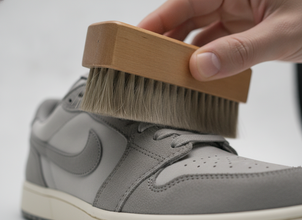 Brossage délicat d'une sneaker en daim gris pour relever les fibres après nettoyage