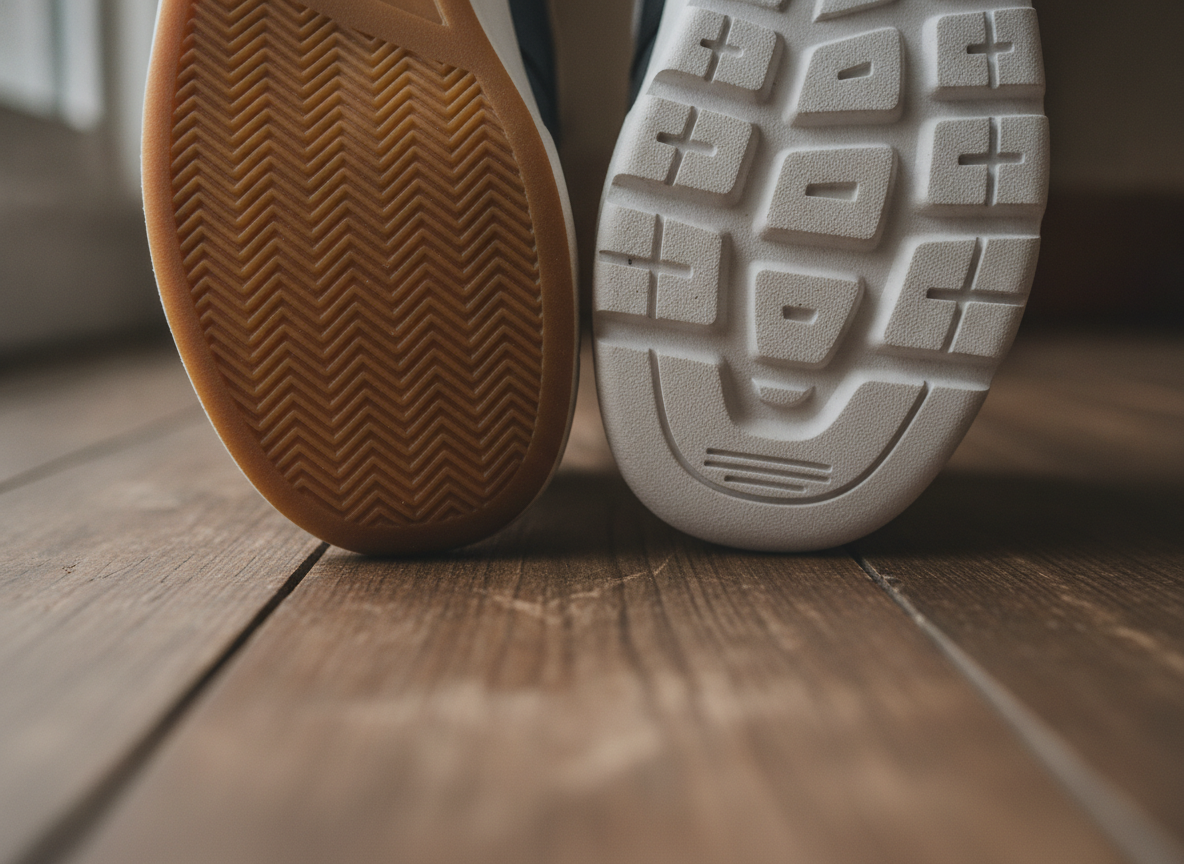 Détail comparatif semelles : semelle plate en gomme vs semelle épaisse amorti sur parquet