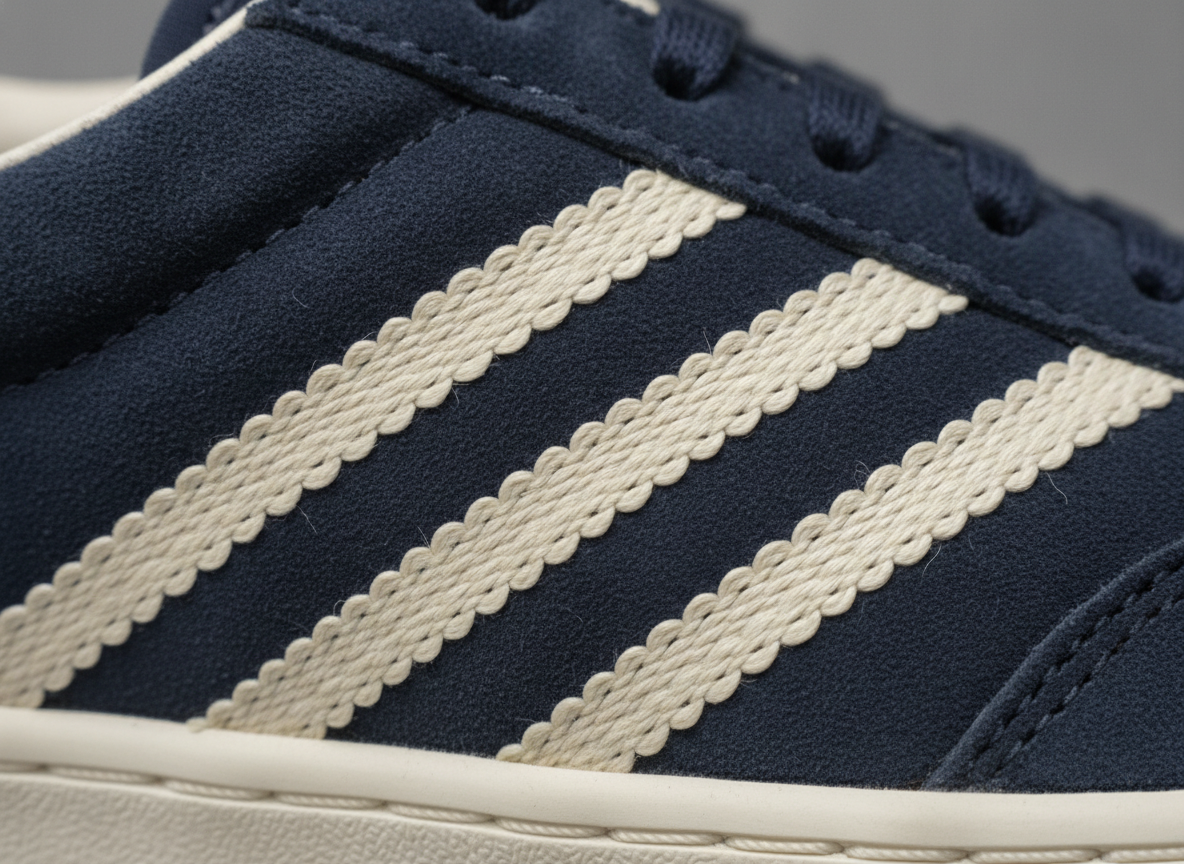 Zoom sur les trois bandes cousues d'une Adidas Gazelle : détail couture et texture daim authentique